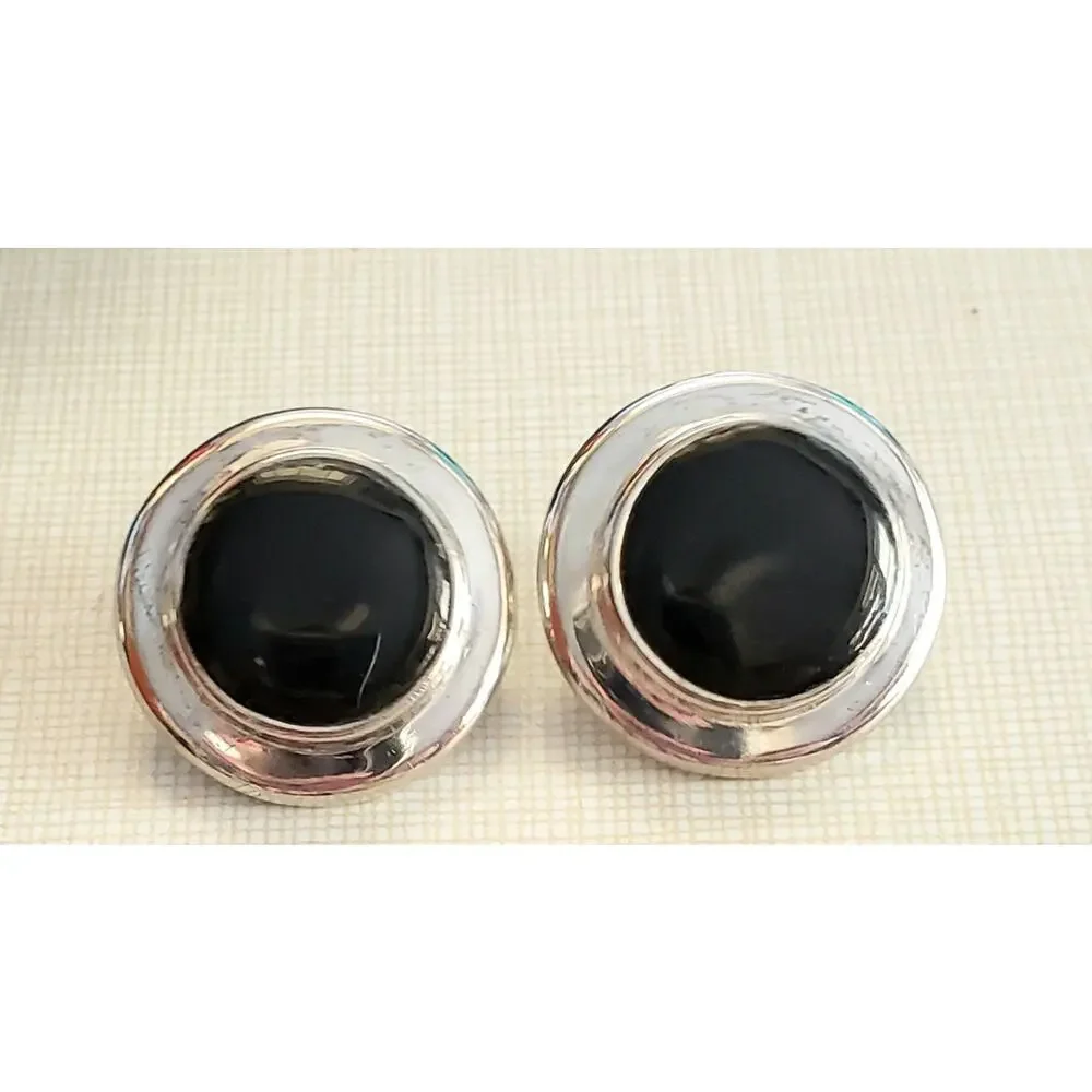 Vintage Silver‎ & Black Round Pierced Earrings, 1